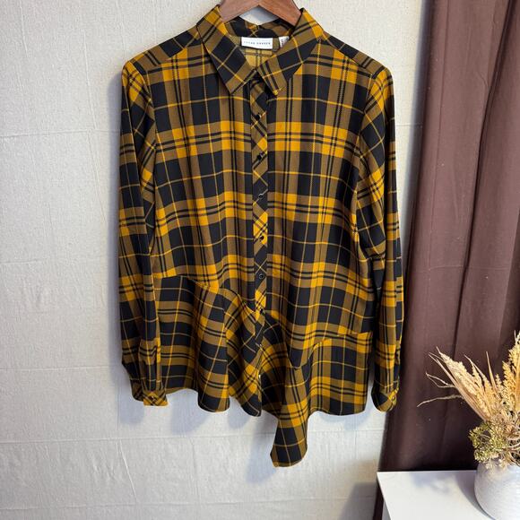 Susan Graver Size M Black Yellow Plaid Button Up Blouse Shirt Uneven Hem - Picture 2 of 12